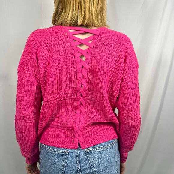 FCT With Love Hot Pink V-Neck Sweater with Lace-Up Back Size Medium - Picture 3 of 9